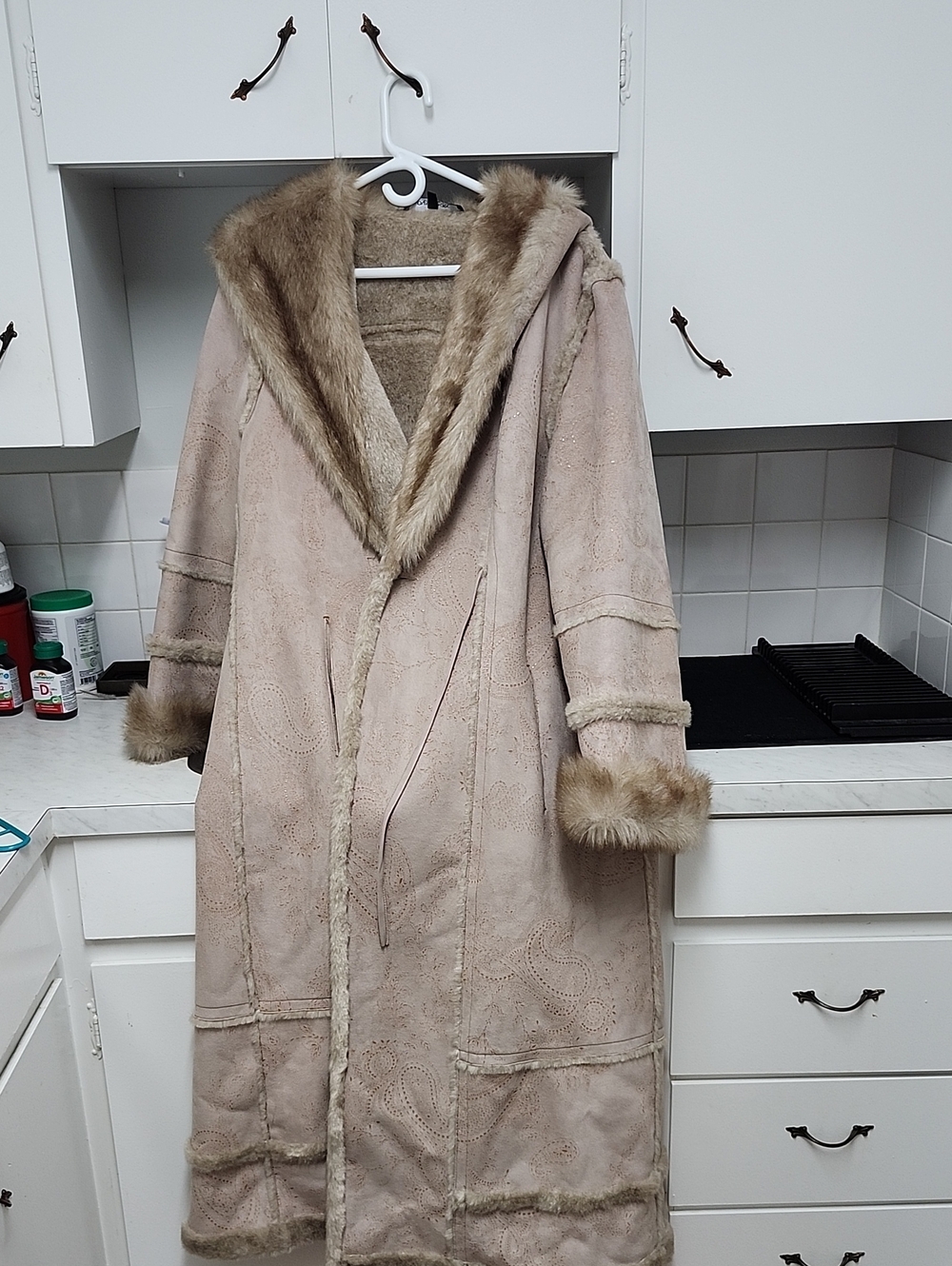 Jones New York Long Faux Fur Trim Coat in Taupe
